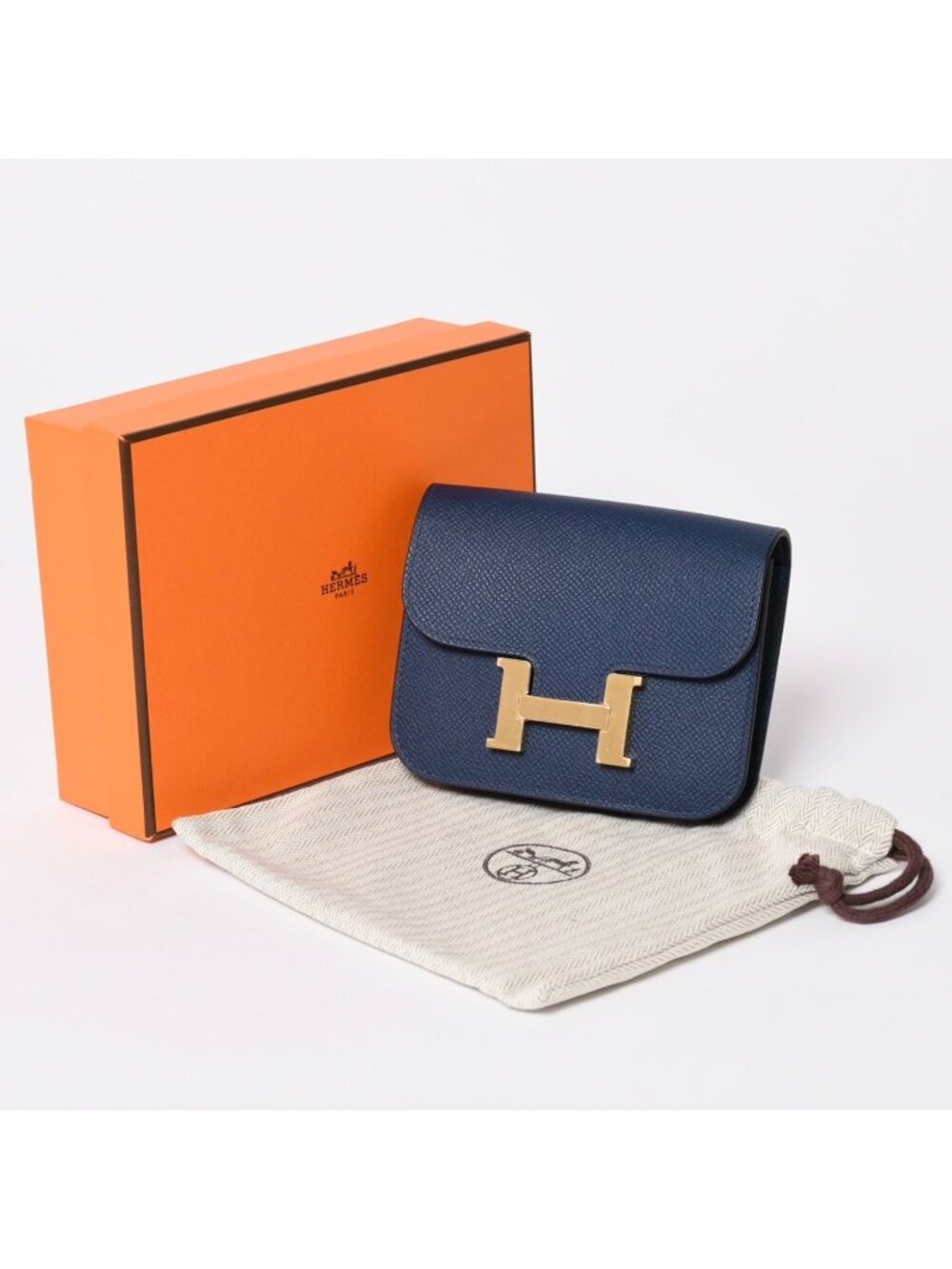 Hermes Constance Slim Bifold Wallet Veau Epsom Navy Pouch Gold